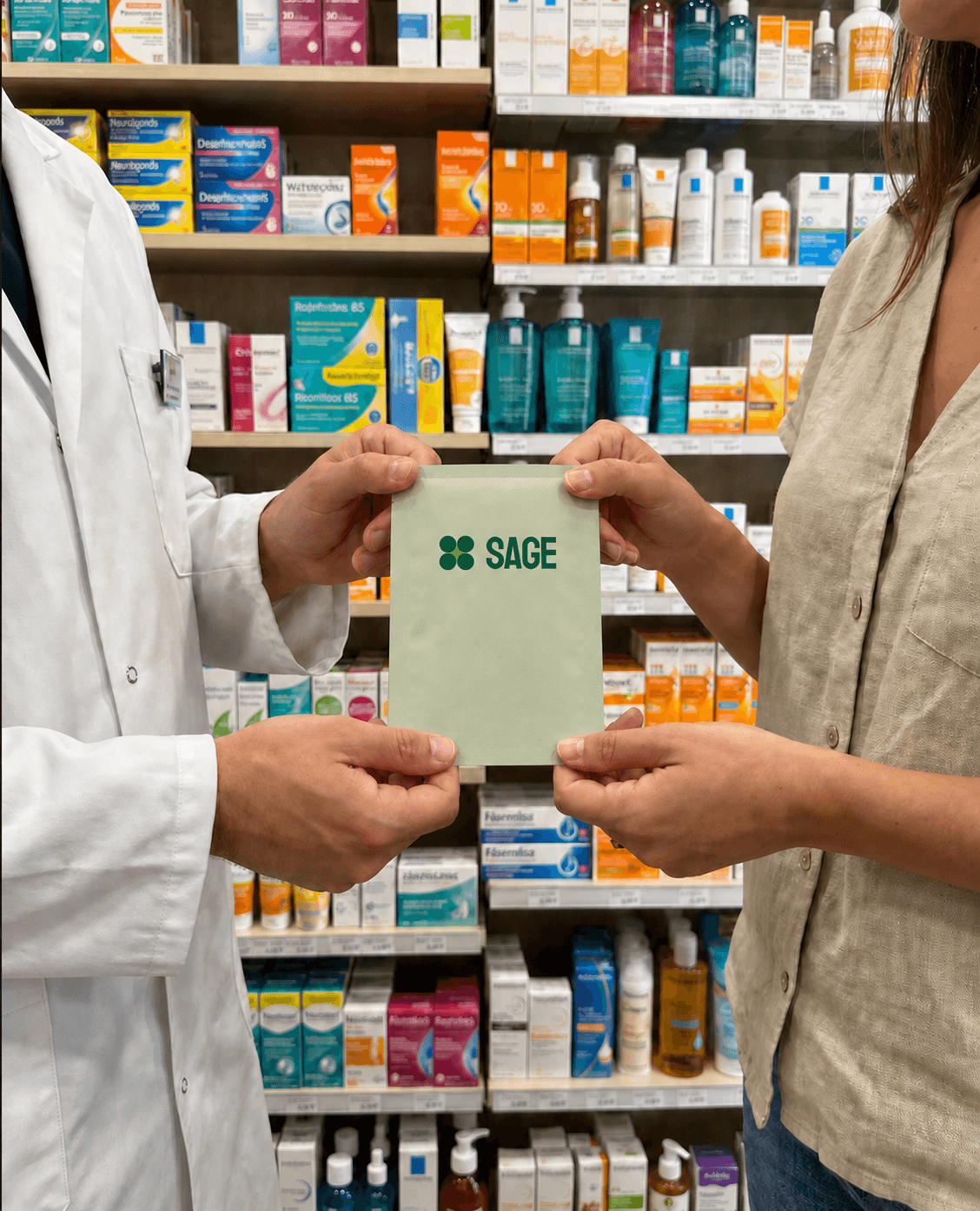 A pharmacist and customer holding Sage Renewal patches in a pharmacy